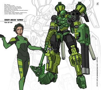 1boy absurdres apoloniodraws arm_cannon axe bionicle black_gloves black_hair bodysuit character_name english_text facial_hair full_body gloves glowing glowing_eye green_bodysuit green_eyes green_gloves hair_behind_ear highres lewa_(bionicle) male_focus mecha mechanization open_hands pilot_suit robot science_fiction simple_background smirk standing stubble the_lego_group two-tone_gloves weapon white_background