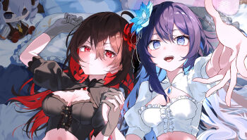 Rule 34 | 2girls, blue eyes, blue flower, blue hair, breasts, bug, butterfly, closed mouth, colored inner hair, commentary request, dress, drill hair, flower, hair flower, hair ornament, highres, honkai (series), honkai impact 3rd, insect, interlocked fingers, long hair, looking at viewer, multicolored hair, multiple girls, nagonako, reaching, reaching towards viewer, red hair, seele vollerei, seele vollerei (herrscher of rebirth), seele vollerei (stygian nymph), smile, two-tone hair, very long hair, white dress