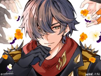 1boy arm_up black_gloves black_jacket commentary_request flower gloves jacket lapels lighter_(zenless_zone_zero) male_focus mokomokololo notched_lapels orange_flower red_scarf scarf solo_focus spiked_jacket twitter_username upper_body watermark white_background white_flower zenless_zone_zero