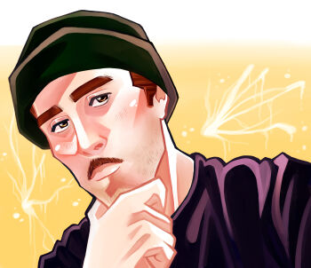 1boy absurdres beanie black_shirt cumtown facial_hair finger_on_chin hat highres kawaii male_focus mustache nick_mullen sheepdawgie shirt