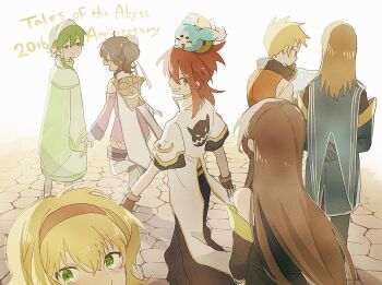 3girls 4boys anise_tatlin anniversary arms_behind_back bare_shoulders black_hair black_pants blonde_hair blue_gloves boots brown_dress brown_gloves brown_hair brown_sleeves closed_mouth commentary_request copyright_name creature detached_sleeves dress from_behind gloves green_eyes green_hair green_robe grin guy_cecil hair_between_eyes hairband highres ion_(tales) jacket jade_curtiss long_hair looking_at_another looking_at_viewer looking_back luke_fon_fabre macha_(macha3635toa) mieu_(tales) multiple_boys multiple_girls natalia_luzu_kimlasca_lanvaldear on_head open_mouth orange_hairband pants parted_lips pink_dress robe short_hair short_sleeves sidelocks sleeveless sleeveless_dress smile spiked_hair tales_of_(series) tales_of_the_abyss tear_grants tokunaga_(tales) twintails walking white_boots white_jacket