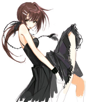 1girl absurdres bare_legs bare_shoulders black_choker black_dress black_wrist_cuffs breasts brown_eyes brown_hair choker cigarette cross cross_necklace dress hair_ornament hairclip highres jewelry leg_up light_blush long_hair looking_at_viewer low_ponytail medium_breasts minakami_yuki mouth_hold necklace no_nose nonsensemanna parallel_hairclips ponytail sketch sleeveless sleeveless_dress solo subarashiki_hibi tassel tassel_hair_ornament unfinished wrist_cuffs