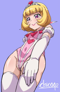 1girl blonde_hair chicago-x costume digimon digimon_universe:_appli_monsters highleg highleg_leotard highres kashiki_ai leotard lipstick makeup solo wide_hips
