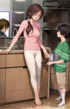 1girl 2boys absurdres age_difference barefoot black_hair black_shirt blonde_hair blush breasts brown_eyes brown_hair brown_shorts cabinet collarbone collared_shirt counter cup faucet feet flustered flying_sweatdrops green_shirt hair_ornament hair_scrunchie height_difference highres holding holding_hands holding_tray indoors jewelry kitchen leggings legs long_hair looking_down looking_up low_ponytail mature_female medium_breasts mother_and_son multiple_boys nervous_smile no_shoes onee-shota open_mouth original oven pink_sweater ponytail ring rumi_(yewang19) scrunchie shirt short_hair shorts sideways_glance sink smile socks sweater t-shirt toenails toes tray white_leggings white_socks yewang19