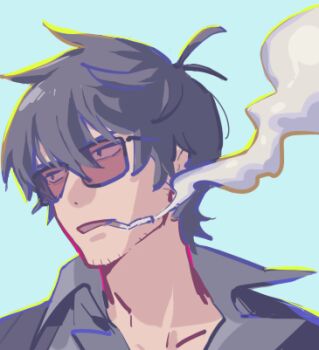 1boy black-framed_eyewear black_hair black_jacket blue_background cigarette collared_shirt commentary eyes_visible_through_eyewear hair_between_eyes jacket lowres male_focus nicholas_d._wolfwood open_collar open_mouth raine_(acke2445) shirt short_hair smoke smoke_trail smoking solo sunglasses symbol-only_commentary trigun trigun_stampede upper_body