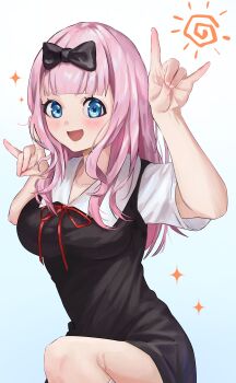 1girl :d \n/ absurdres black_bow black_dress blue_background blue_eyes bow breasts commentary_request double_\n/ dress fujiwara_chika hair_bow hands_up highres kaguya-sama_wa_kokurasetai_~tensai-tachi_no_renai_zunousen~ kneehighs looking_at_viewer monge_baby neck_ribbon open_mouth pink_hair red_ribbon ribbon school_uniform short_sleeves shuuchiin_academy_school_uniform simple_background smile socks solo summer_uniform