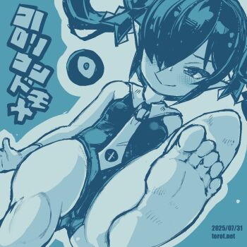 1girl backbeako_(torotei) backbeard barefoot blue_background blue_theme blush breasts closed_mouth collared_leotard commentary_request dated dated_commentary dutch_angle feet foot_focus gegege_no_kitarou gloves hair_over_one_eye hair_ribbon knee_up kono_lolicon_domome loli long_hair looking_at_viewer monochrome necktie original paid_reward_available pointy_ears ribbon simple_background sitting small_breasts smile soles solo toes torotei translated twintails watermark web_address wide_hips