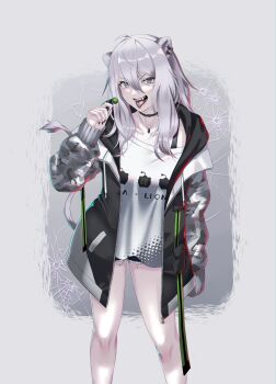 1girl absurdres animal_ears arm_at_side breasts bullet_hole candy choker clothes_writing cutoffs ear_piercing fangs feet_out_of_frame food grey_eyes grey_hair grey_jacket hair_between_eyes hand_up highres holding holding_candy holding_food holding_lollipop hololive jacket jewelry lion_ears lion_girl lion_tail lollipop long_hair long_sleeves looking_at_viewer open_clothes open_jacket open_mouth pendant piercing ryou_(monstercat_nc42) shirt shishiro_botan shorts small_breasts solo standing tail tongue tongue_out v-shaped_eyebrows virtual_youtuber white_shirt