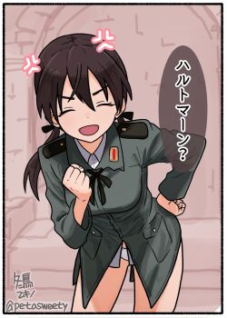 Rule 34 | 1girl, anger vein, angry, brown hair, closed eyes, commentary request, fuyudori yukino, gertrud barkhorn, hair ribbon, hand on own hip, hands on own hips, highres, laughing, leaning forward, long hair, military, military uniform, open mouth, panties, ribbon, smile, solo, strike witches, underwear, white panties, world witches series