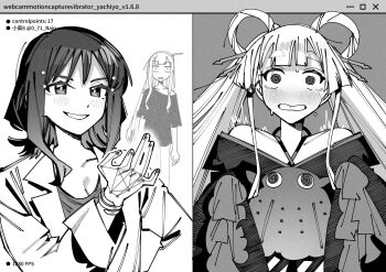 Rule 34 | 3girls, @ @, ahoge, bare shoulders, blush, bracelet, breasts, chinese commentary, cho kaguya-hime!, cleavage, commentary request, english text, greyscale, grin, hair ornament, hair rings, hair stick, halterneck, hand on own hip, highres, implied fingering, jewelry, kaguya (cho kaguya-hime!), lab coat, long hair, long shirt, long sleeves, medium hair, mole, mole under eye, monochrome, motion tracker, multiple girls, runami yachiyo, sakayori iroha, short sleeves, single bare shoulder, single off shoulder, sleeves past fingers, sleeves past wrists, smile, sweat, twintails, twitter username, very long hair, xiaoju xiaojie, yuri