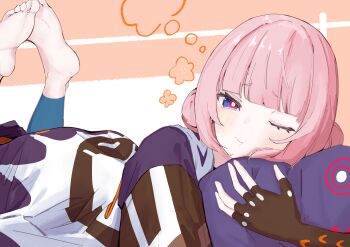 1girl :t absurdres bame_zayin blue_eyes brown_jacket closed_mouth double_bun feet flower_symbol hair_bun hashtag-only_commentary highres jacket kaf_(kamitsubaki_studio) kamitsubaki_studio looking_at_viewer lying multicolored_jacket on_stomach one_eye_closed orange_background pink_hair purple_jacket smile soles solo the_pose two-tone_background virtual_youtuber white_background white_jacket yellow_pupils