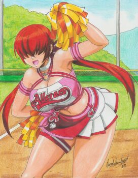 1girl absurdres baseball bend bent_over breasts cleavage curvy female_focus heart highres large_breasts long_hair open_mouth outdoors pale_skin ponytail ravernclouk_design red_hair shermie_(kof) skirt smile stadium the_king_of_fighters thighs twintails wide_hips