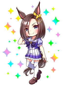 1girl air_groove_(umamusume) animal_ears blue_eyes blush bow bowtie breasts brown_hair chibi chibi_only closed_mouth commentary_request ear_bow ear_chain full_body hair_between_eyes highres horse_ears horse_girl horse_tail large_breasts linked_piercing looking_at_viewer piercing pleated_skirt puffy_short_sleeves puffy_sleeves purple_bow purple_bowtie purple_shirt sailor_collar sailor_shirt school_uniform shirt shoes short_hair short_sleeves skirt smile solo sugimotty_nova tail thighhighs tracen_school_uniform umamusume white_sailor_collar white_skirt white_thighhighs yellow_bow zettai_ryouiki
