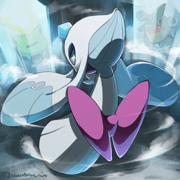 absurdres animal_focus artist_name back_bow blue_eyes bow colored_sclera from_behind froslass frost frozen full_body gen_2_pokemon gen_4_pokemon gible highres hoppip ice looking_at_viewer looking_back misubaru_rin nintendo no_humans pokemon pokemon_(creature) purple_bow signature twitter_username yellow_sclera