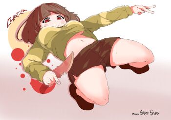 1girl absurdres breasts brown_hair brown_shorts chara_(undertale) clothes_lift commentary dodging english_commentary english_text green_sweater highres holding holding_knife knife looking_at_viewer navel red_eyes shorts sweater sweater_lift syutokyuro undertale utdr_(toby_fox) white_background