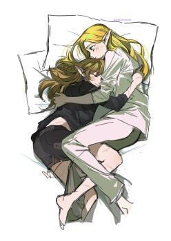 1boy 1girl barefoot bed_sheet black_shirt black_shorts blonde_hair blush closed_eyes couple earrings green_eyes hetero highres hug jewelry light_smile link long_hair midriff_peek nintendo no_pants pants pointy_ears princess_zelda scar scar_on_arm scar_on_back shirt shorts shuo_yue sweatdrop the_legend_of_zelda the_legend_of_zelda:_tears_of_the_kingdom twitter_username white_shirt