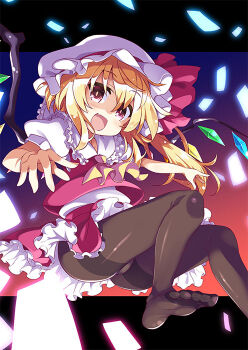 1girl akaneya ascot black_pantyhose blonde_hair bow brown_pantyhose crotch_seam crystal embodiment_of_scarlet_devil falling fang feet female_focus flandre_scarlet frills full_body gradient_background hat hat_ribbon looking_at_viewer mob_cap no_shoes open_mouth panties panties_under_pantyhose pantyhose pantyshot puffy_short_sleeves puffy_sleeves red_eyes ribbon shirt short_sleeves side_ponytail skirt skirt_set smile soles solo thighband_pantyhose toes touhou underwear vest wings