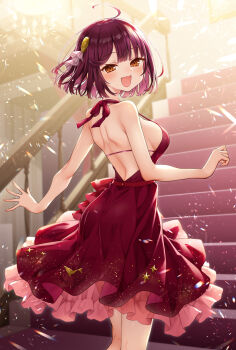 1girl :d alt_(ctrldel) alternate_costume atelier_(series) atelier_sophie back bare_back bare_shoulders breasts commentary_request dress hair_ornament highres looking_at_viewer medium_breasts open_mouth red_dress red_hair short_hair sleeveless sleeveless_dress smile sophie_neuenmuller stairs standing yellow_eyes