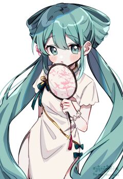 1girl artist_name blush_stickers china_dress chinese_clothes commentary cowboy_shot double-parted_bangs dress english_commentary green_eyes green_hair hair_between_eyes hand_fan hatsune_miku highres holding holding_fan long_hair looking_at_viewer open_mouth shaohua_hatsune_miku short_sleeves sidelocks simple_background solo twintails vocaloid watermark white_background white_dress yukomeow