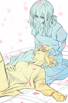 2girls absurdres bang_dream! bang_dream!_it&#039;s_mygo!!!!! breasts chinese_commentary commentary_request dress folded_ponytail hero45439083942 highres holding holding_petal lap_pillow long_hair lying medium_breasts medium_hair misumi_uika multiple_girls multiple_monochrome on_back petals short_hair sidelocks togawa_sakiko yuri