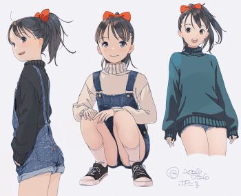 Rule 34 | 1girl, black hair, blush, commentary request, denim, denim overalls, denim shorts, flat chest, grey eyes, highres, kokudou juunigou, looking at viewer, multiple views, original, panties, panty peek, ponytail, shoes, shorts, smile, sneakers, squatting, sweater, turtleneck, turtleneck sweater, underwear