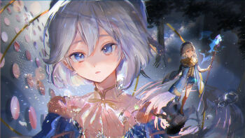 1girl absurdres afk_(series) afk_journey blue_cloak blue_eyes blue_hat blue_shorts brown_vest cassadee_(afk) cloak commentary commentary_request crystal cupping_hands full_body grey_hair hair_between_eyes hat highres holding holding_staff holding_water hydrokinesis kikinoki long_sleeves looking_at_object looking_at_viewer looking_up mage_staff multiple_views necktie own_hands_together parted_lips portrait reflection refraction ripples shirt short_hair shorts staff standing standing_on_liquid striped_clothes thighhighs vertical-striped_clothes vest water white_shirt yellow_necktie