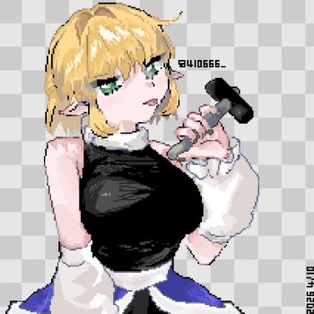 1girl 410666 adapted_costume arm_at_side arm_warmers black_shirt blonde_hair breasts commentary_request green_eyes green_nails grid_background hammer hand_up highres holding holding_hammer large_breasts looking_at_viewer medium_hair mizuhashi_parsee pixel_art pointy_ears shirt sleeveless sleeveless_shirt solo tongue tongue_out touhou upper_body white_arm_warmers