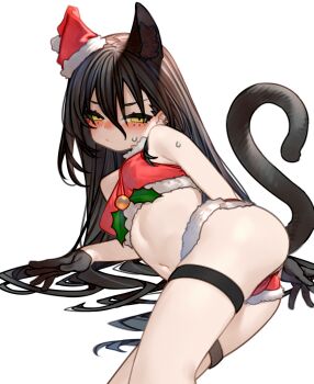 1girl animal_ears arknights black_gloves black_hair blush cat_ears cat_tail commentary_request dagda_(arknights) gloves hat highres kochiya_(gothope) long_hair lying navel on_side paid_reward_available simple_background solo tail thigh_strap white_background