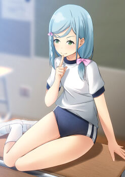 1girl blue_buruma blue_hair braid breasts buruma chalkboard classroom commentary_request commission desk finger_to_mouth granbelm green_eyes gym_shirt gym_uniform hair_over_shoulder hakamada_suishou index_finger_raised medium_breasts on_desk shibacha shirt side_braid single_braid sitting skeb_commission socks solo t-shirt white_shirt white_socks yokozuwari