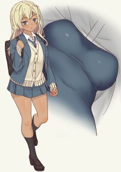 1girl absurdres bag blonde_hair blue_eyes breasts commentary_request competition_school_swimsuit daipunch dark-skinned_female dark_skin galzaki-san_(daipunch) gyaru highres kogal large_breasts long_hair mtu_virus multiple_views original school_bag school_swimsuit swimsuit swimsuit_under_clothes