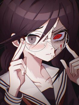 Rule 34 | 1girl, absurdres, black shirt, blood, blood on face, broken eyewear, brown hair, brown neckerchief, closed mouth, collarbone, commentary, crack, cracked kawaii mask, cracked mask, danganronpa: trigger happy havoc, danganronpa (series), danraz0r, fingernails, fukawa toko, hair between eyes, hands up, highres, long hair, long sleeves, looking at viewer, making-of available, mask, neckerchief, red eyes, red neckerchief, round eyewear, sailor collar, shirt, solo, upper body, white sailor collar
