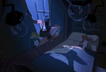 2girls aerith_gainsborough bangle bare_shoulders black_gloves black_hair black_skirt boots bracelet brown_hair closed_eyes crop_top elbow_gloves final_fantasy final_fantasy_vii final_fantasy_vii_remake fingerless_gloves flower from_above gloves hair_over_shoulder hair_ribbon jewelry light_bulb lily_(flower) long_hair looking_at_another low-tied_long_hair marianne_khalil midriff miniskirt multiple_girls on_bed open_window parted_bangs pillow pink_ribbon red_boots ribbon shirt skirt sleeping sleeveless sleeveless_shirt suspenders tifa_lockhart under_covers vase white_shirt window yellow_flower