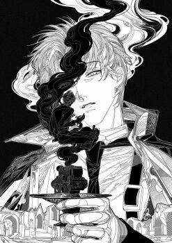 1boy absurdres black_background candle chinese_commentary chunsuijunian cloak coat collared_shirt commentary_request expressionless formal_clothes greyscale half-closed_eyes harness highres holding holding_candle holding_mini_person klein_moretti long_sleeves looking_ahead lord_of_the_mysteries male_focus mini_person monochrome necktie official_art pants parted_lips ruins shirt short_hair simple_background sitting smoke suit