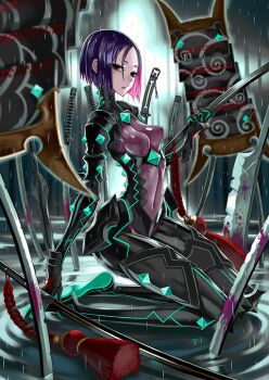 1girl arm_at_side armor black_armor black_eyes bob_cut bodysuit breasts cleavage colored_inner_hair covered_navel fate/grand_order fate_(series) floating_armor from_side full_body game_cg hand_up holding holding_sword holding_weapon honjou_raita impossible_clothes japanese_armor katana kneeling linea_alba looking_at_viewer looking_to_the_side multicolored_hair official_art parted_bangs parted_lips pentagram planted purple_hair rain ripples short_eyebrows shoulder_armor small_breasts sode solo splatter sword tassel third-party_source ushi_gozen_(avenger)_(fate) ushi_gozen_(fate) weapon wet