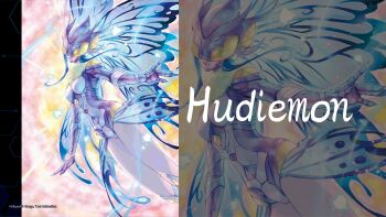 1girl blue_hair breasts bug butterfly butterfly_wings covered_eyes digimon digimon_(creature) digimon_story:_cyber_sleuth digimon_story:_cyber_sleuth_hacker&#039;s_memory eyewear_on_headwear female_focus gauntlets happy helmet hudiemon insect insect_wings leotard official_art open_mouth shoulder_pads sidelocks skirt smile sparkle thick_thighs thighhighs thighs wings