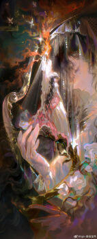 Rule 34 | 2girls, absurdres, black hair, chinese commentary, clone, commentary request, crying, crying with eyes open, dark background, dress, fire, hat, head down, highres, juliet sleeves, long dress, long hair, long sleeves, mini person, minigirl, multiple girls, profile, puffy sleeves, purple eyes, reverse:1999, see-through clothes, see-through veil, streaming tears, tears, upper body, veil, watermark, weibo watermark, white dress, white hat, zajiii (zajiii gaoao)