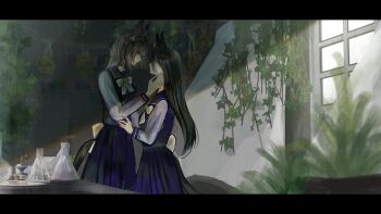 2girls agnes_tachyon_(umamusume) ahoge animal_ears black_hair bow bowtie brown_hair chemical_structure coffee_grinder ear_ornament earrings erlenmeyer_flask flask hand_on_another&#039;s_neck height_difference highres horse_ears horse_girl horse_tail indoors jewelry long_hair long_sleeves looking_at_another m_u_s_i_n manhattan_cafe_(umamusume) multicolored_hair multiple_girls plant purple_sailor_collar purple_shirt purple_skirt red_eyes sailor_collar school_uniform shelf shirt short_hair single_earring skirt table tail thighhighs tracen_school_uniform umamusume very_long_hair waist_bow white_background white_bow white_bowtie white_hair window yuri