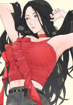 1girl absurdres armpits black_hair bleach bleach:_sennen_kessen-hen blue_eyes blush braid breasts choker commentary dakaeya denim english_commentary highres jeans large_breasts long_hair pants simple_background solo unohana_retsu