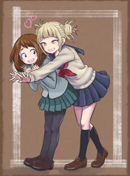 2girls absurdres blonde_hair boku_no_hero_academia brown_hair cardigan commentary double_bun elementary_(lolipope) hair_bun heart highres loafers multiple_girls open_mouth pantyhose pleated_skirt revision school_uniform serafuku shoes skirt smile socks toga_himiko uraraka_ochako yellow_eyes
