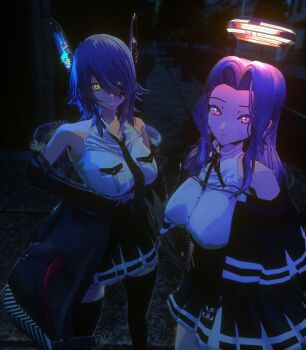 2girls 3d black_capelet black_jacket black_skirt black_thighhighs breasts capelet checkered_necktie dark eyepatch fur-trimmed_jacket fur_trim halo headgear jacket kantai_collection large_breasts mechanical_halo multiple_girls neckerchief necktie pleated_skirt purple_eyes purple_hair red_ribbon remu_(lycoris1122) ribbon shirt short_hair skirt sleeveless sleeveless_shirt tatsuta_(kancolle) tenryuu_(kancolle) thighhighs white_shirt yellow_eyes