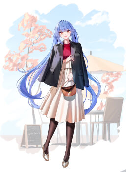 1girl absurdres alternate_costume azur_lane bag black_jacket black_pantyhose blue_hair blue_sky breasts brown_skirt casual chair chalkboard_sign cloud commentary_request day essex_(azur_lane) fingernails full_body gold_shoes hair_ribbon handbag high-waist_skirt highres holding holding_bag jacket jacket_on_shoulders large_breasts leaf long_hair long_skirt looking_at_viewer open_mouth outdoors pantyhose red_sweater ribbed_sweater ribbon rubisco shoes simple_background skirt sky smile solo standing sweater table tree turtleneck turtleneck_sweater twintails umbrella very_long_hair white_background yellow_eyes