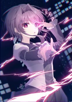 1girl 9-nine- :o absurdres artist_name aura black_dress black_hair breasts chuunibyou commentary cowboy_shot dress dutch_angle eyelashes eyes_visible_through_hair floating_hair frilled_sleeves frills hair_between_eyes hair_intakes hair_ornament hairclip hand_up highres juliet_sleeves kimuratamashi kuho_girls_academy_school_uniform long_sleeves looking_at_viewer nipples open_clothes open_mouth open_shirt outdoors outstretched_arm pleated_dress pointing pointing_at_viewer puffy_sleeves red_eyes school_uniform shirt short_hair_with_long_locks small_breasts solo symbol-shaped_pupils underlighting v v_over_eye white_shirt yuuki_noa