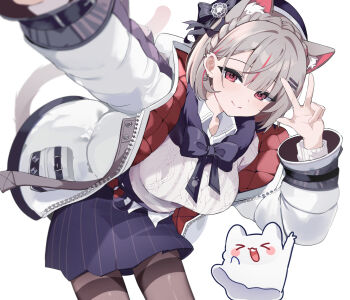 1girl animal_ears brown_pantyhose cat_ears cat_girl cat_tail chaum commentary grey_hair grey_tail highres looking_at_viewer maro_(neneko_mashiro) medium_hair neneko_mashiro pantyhose purple_skirt red_eyes simple_background skirt stellive symbol-only_commentary tail thighband_pantyhose thighs v white_background