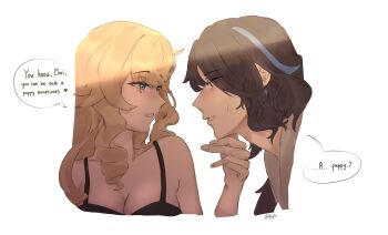 2girls black_camisole blonde_hair blue_eyes blue_streaks blush breasts camisole cleavage clorinde_(genshin_impact) commentary english_text furichii.io genshin_impact hand_on_another&#039;s_chin highres large_breasts long_hair multiple_girls navia_(genshin_impact) parted_lips purple_hair simple_background smile speech_bubble sweatdrop white_background yuri