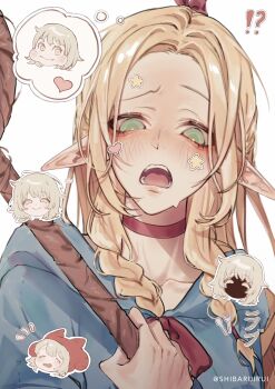 !? 2girls blonde_hair blue_robe blush braid chibi dungeon_meshi elf falin_touden fork full_mouth furrowed_brow green_eyes hair_ribbon highres holding holding_staff hood horned_hood horns long_hair marcille_donato multiple_girls open_mouth parted_bangs pointy_ears red_ribbon ribbon robe shaded_face shibaruirui short_hair smile spoon staff sweatdrop twin_braids twitter_username wavy_mouth white_background yellow_eyes yuri