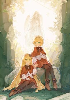 Rule 34 | 1boy, 1girl, angel statue, ankle boots, black bow, black hairband, black pantyhose, blonde hair, boots, bow, bowtie, braid, brown boots, brown bow, brown bowtie, brown capelet, brown skirt, capelet, closed mouth, commentary, crown braid, english commentary, footwear ribbon, full body, green eyes, hair bow, hairband, highres, ifudyci, lobotomy corporation, long hair, long sleeves, looking at another, nature, outdoors, pantyhose, project moon, puffy long sleeves, puffy sleeves, ruins, shirt, short hair, sitting, skirt, smile, statue, tiphereth a (project moon), tiphereth b (project moon), very long hair, white shirt, yokozuwari