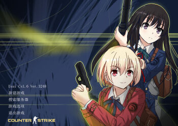 2girls absurdres belt black_hair blonde_hair blue_belt blue_bow blue_bowtie blue_dress blush bow bowtie brown_bag chinese_commentary chinese_text closed_mouth collared_shirt commentary_request counter-strike counter-strike_(series) dress green_ribbon grey_dress gun hair_ribbon handgun highres holding holding_gun holding_weapon inoue_takina long_hair looking_at_viewer lycoris_recoil lycoris_uniform multiple_girls neck_ribbon nishikigi_chisato parody purple_eyes red_dress red_eyes red_ribbon ribbon shirt short_hair smile tianyu_jifeng trigger_discipline two-tone_dress upper_body weapon white_shirt