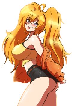1girl alternate_costume alternate_hairstyle arms_behind_back ass blonde_hair blush breasts from_side highres jacket large_breasts leaning_forward legs long_hair looking_at_viewer midriff open_clothes open_jacket open_mouth purple_eyes rwby shorts smile solo tank_top teeth thighs tongue twintails yang_xiao_long