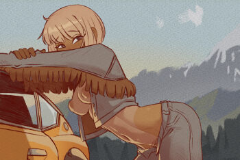 Rule 34 | 1girl, bent over, black pubic hair, blonde hair, blue eyes, blue pants, blue sky, blush, breast slip, breasts, car, commentary, cropped jacket, dark nipples, datsun 240z, denim, denim jacket, from side, gloves, gyaru, hand on car, jacket, jeans, klimspree, leather, leather gloves, looking at viewer, medium breasts, mismatched pubic hair, motor vehicle, mountain, navel, nipples, nissan fairlady z, no bra, no shirt, one-piece tan, open clothes, open fly, open jacket, original, pants, pinup (style), pubic hair, pubic hair peek, puffy nipples, short hair, sky, solo, sweat, tan, tanline, tassel, untranslatable commentary, yuzu (klimspree)