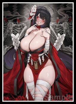 Rule 34 | 1girl, azur lane, bandage on thigh, bandaged leg, bandaged neck, bandages, japanese clothes, kimono, kirome (kamipaper), mask, mask on head, official alternate design, oni mask, red bandage, red kimono, second-party source, shirotsumetcg, solo, taihou (azur lane), taihou (meta) (azur lane)